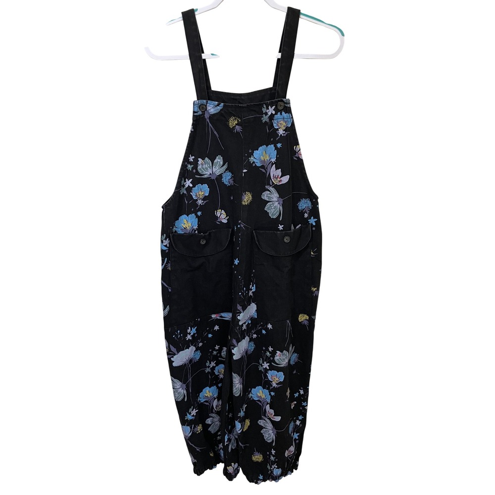 The Pyramid Collection Black Floral Denim Overalls Lantern Leg Size S Relaxed